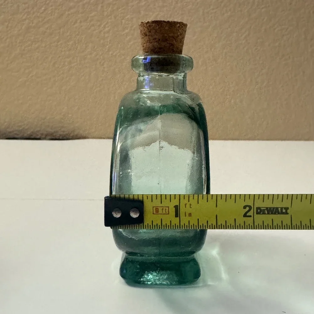 Vintage Aqua Green Glass Oval Decorative Bottle with Cork Stopper 4.5 Inch